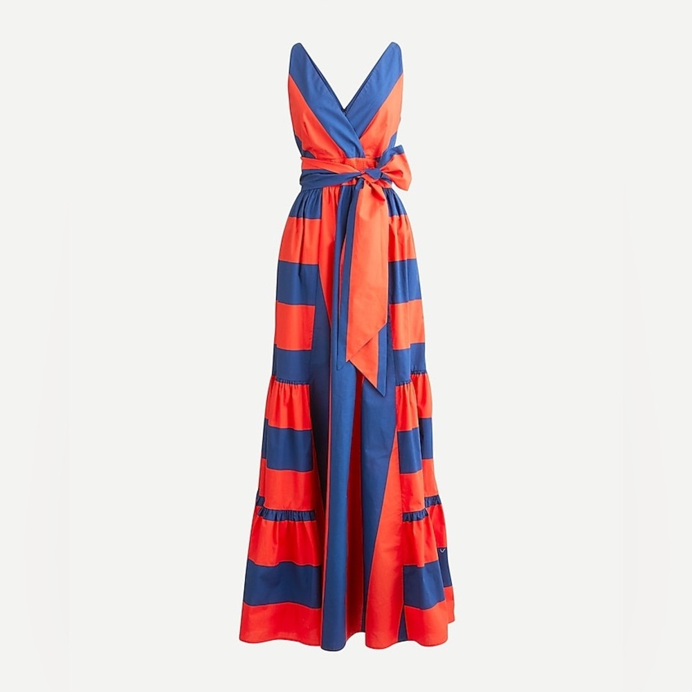RARE J-Crew dark orange & Blue Striped Maxi v-neck Dress with two pockets